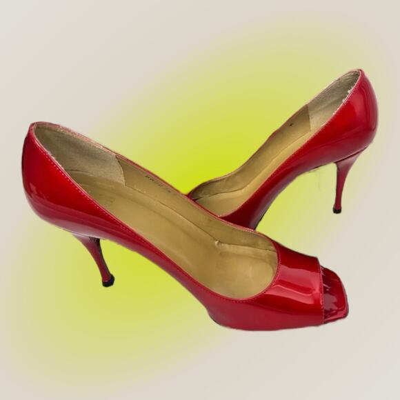 Stuart Weitzman Ruby Red Stiletto Heels Klinda Opentoe Patent Leather Sz 9 Woman - Picture 8 of 10